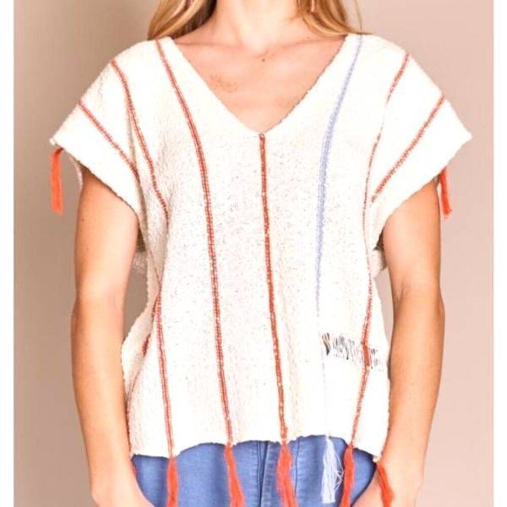 Raquel Allegra V-neck distressed pop over cotton sweater sz 3 (XL)
